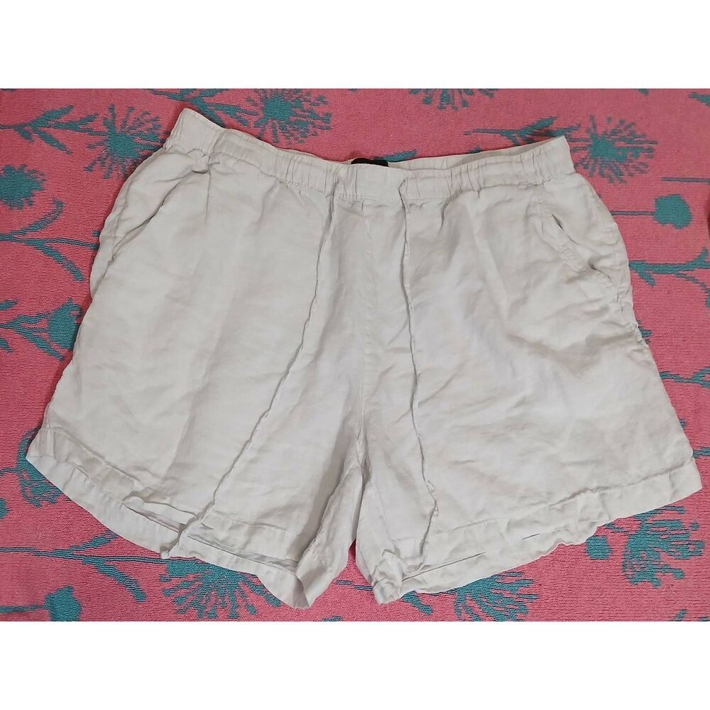 Tahari womens 1xl white shorts 100% linen elastic waist drawstring